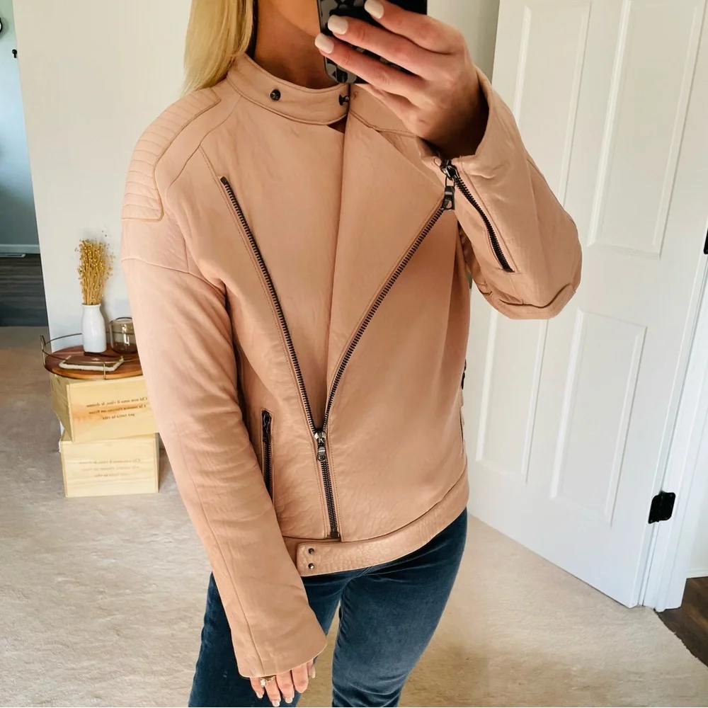 J Brand Lamb Leather Biker Jacket Blush Pink Tea Rose Size XS - Picture 2 of 10